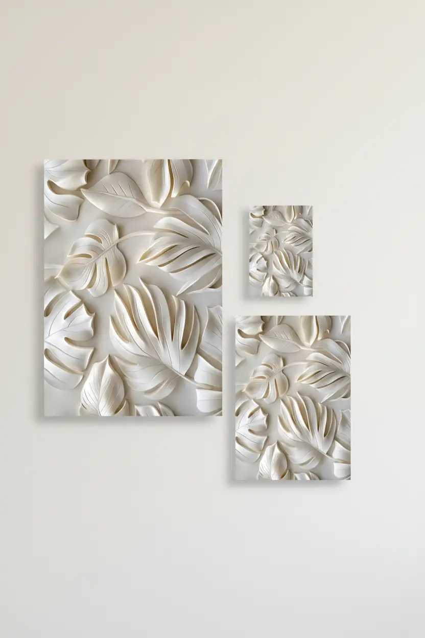 Le Souffle des Feuilles — Affiche murale minimaliste ivoire végétal sculpté, affiche murale minimaliste avec cadre bois, décoration murale salon ou chambre, style méditerranéen
