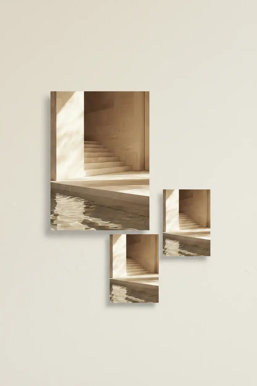 L'Escalier et le Bassin — Affiche murale minimaliste sable architecture, affiche murale minimaliste avec cadre bois, décoration murale salon ou chambre, style méditerranéen
