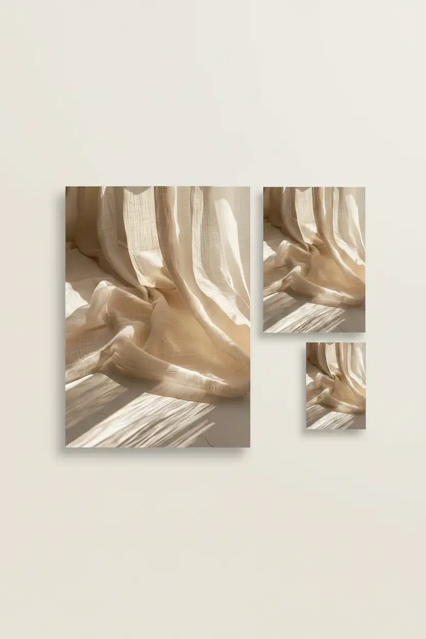 Le Rideau de Lin — Affiche murale minimaliste ivoire texture lumière, affiche murale minimaliste avec cadre bois, décoration murale salon ou chambre, style méditerranéen