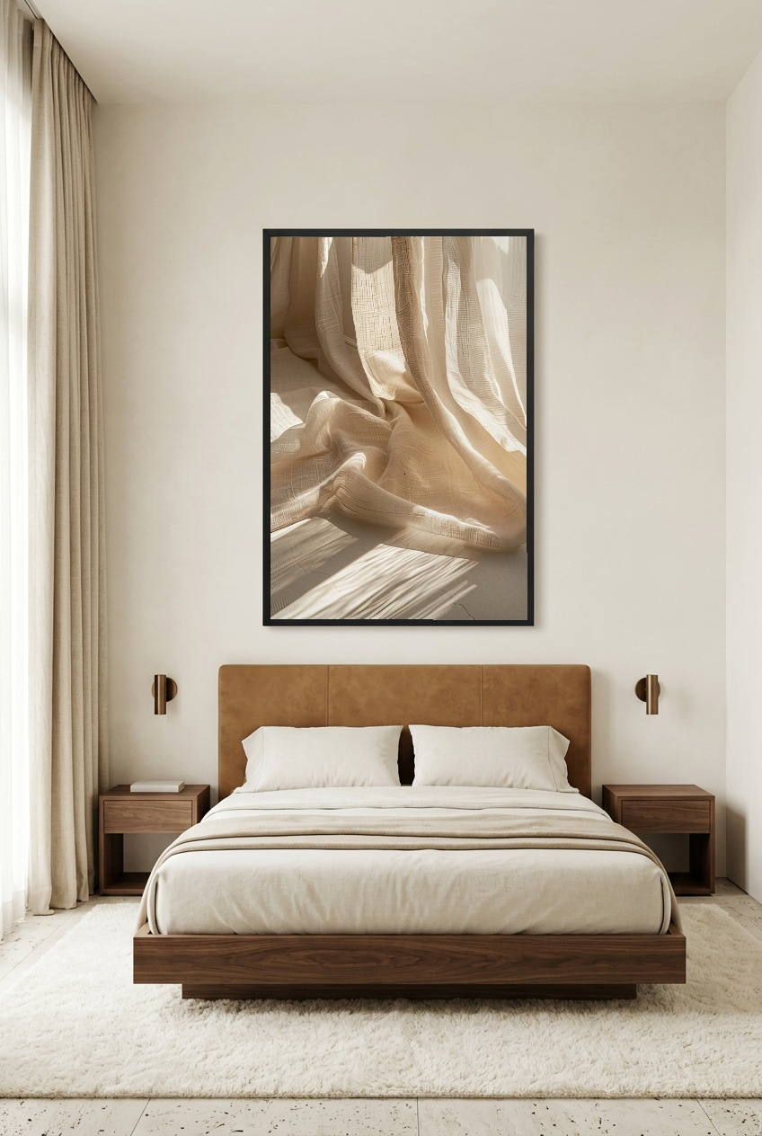 Le Rideau de Lin — Poster im schwarzen Rahmen im Schlafzimmer