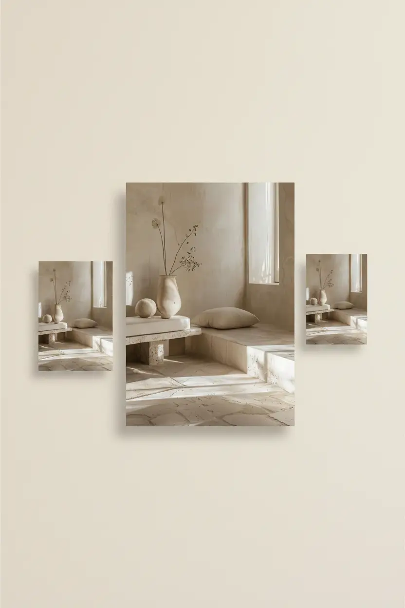 Le Salon de Travertin — Affiche murale minimaliste sable minéral, affiche murale minimaliste avec cadre bois, décoration murale salon ou chambre, style méditerranéen