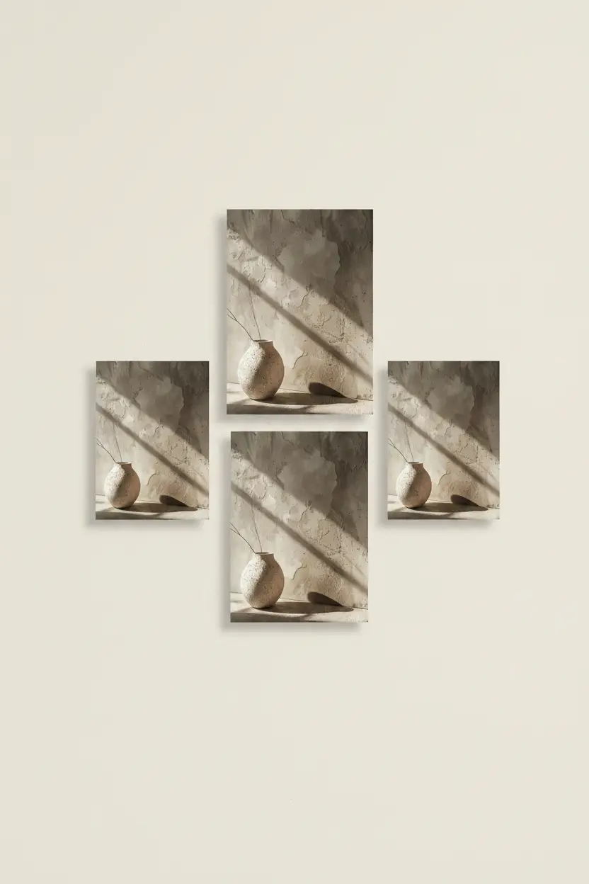 L'Ombre du Vase — Affiche murale minimaliste sable minéral, affiche murale minimaliste avec cadre bois, décoration murale salon ou chambre, style méditerranéen