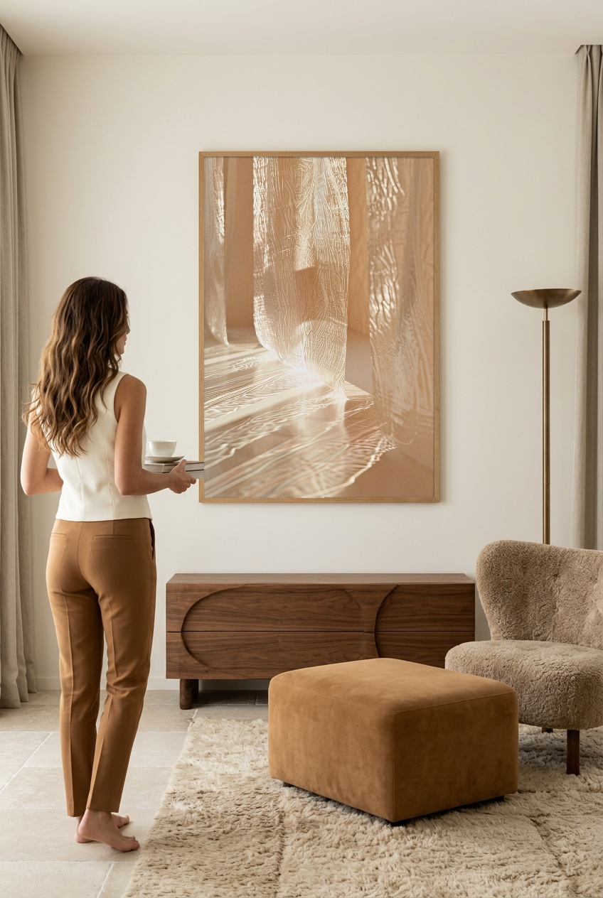 Le Voile de Verre — mulher em frente ao poster com moldura de carvalho