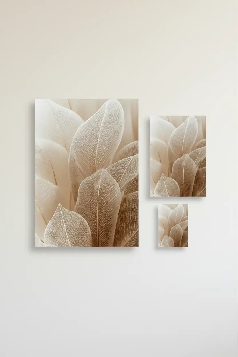 La Dentelle des Feuilles — Affiche murale minimaliste beige végétal translucide, affiche murale minimaliste avec cadre bois, décoration murale salon ou chambre, style méditerranéen