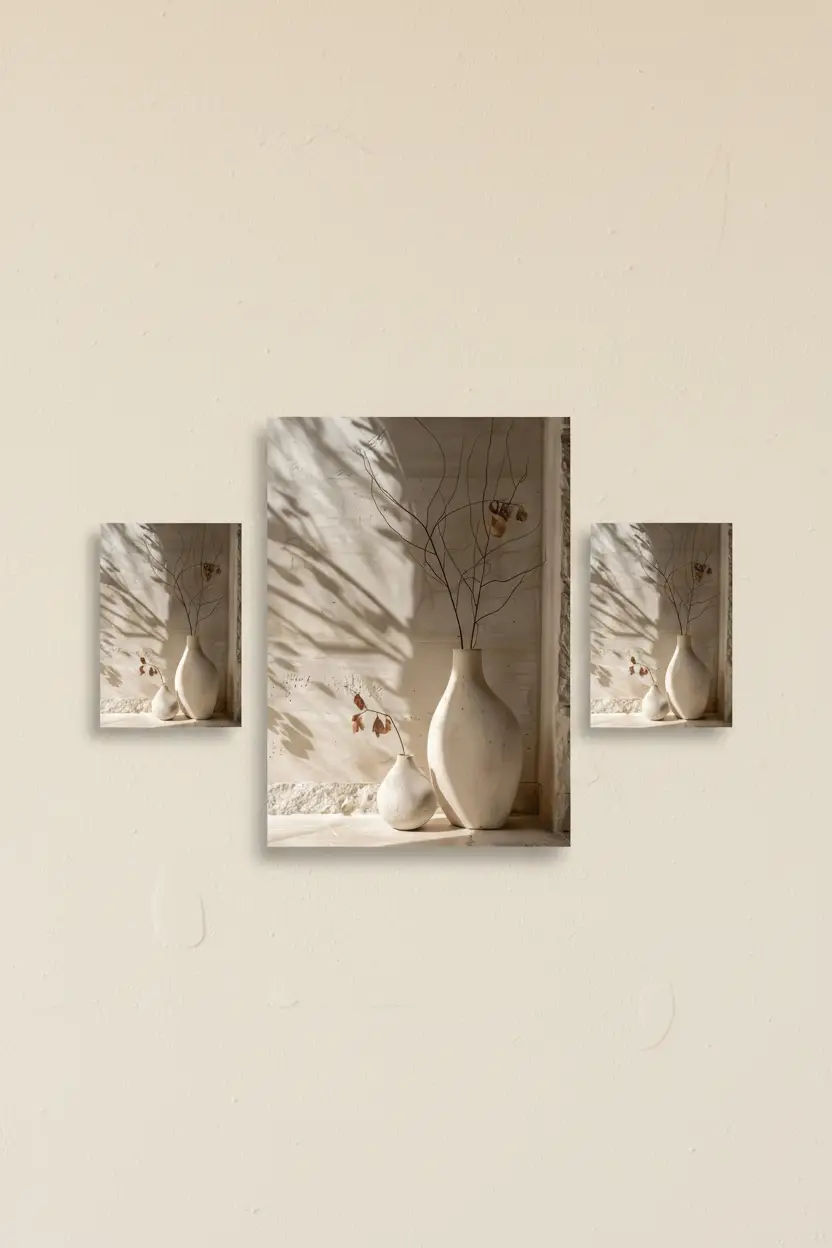 L'Ombre des Branches — Affiche murale minimaliste ivoire minéral, affiche murale minimaliste avec cadre bois, décoration murale salon ou chambre, style méditerranéen