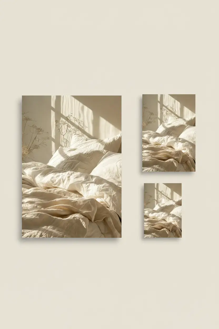 Le Lit du Matin — Affiche murale minimaliste ivoire texture lumière, affiche murale minimaliste avec cadre bois, décoration murale salon ou chambre, style méditerranéen