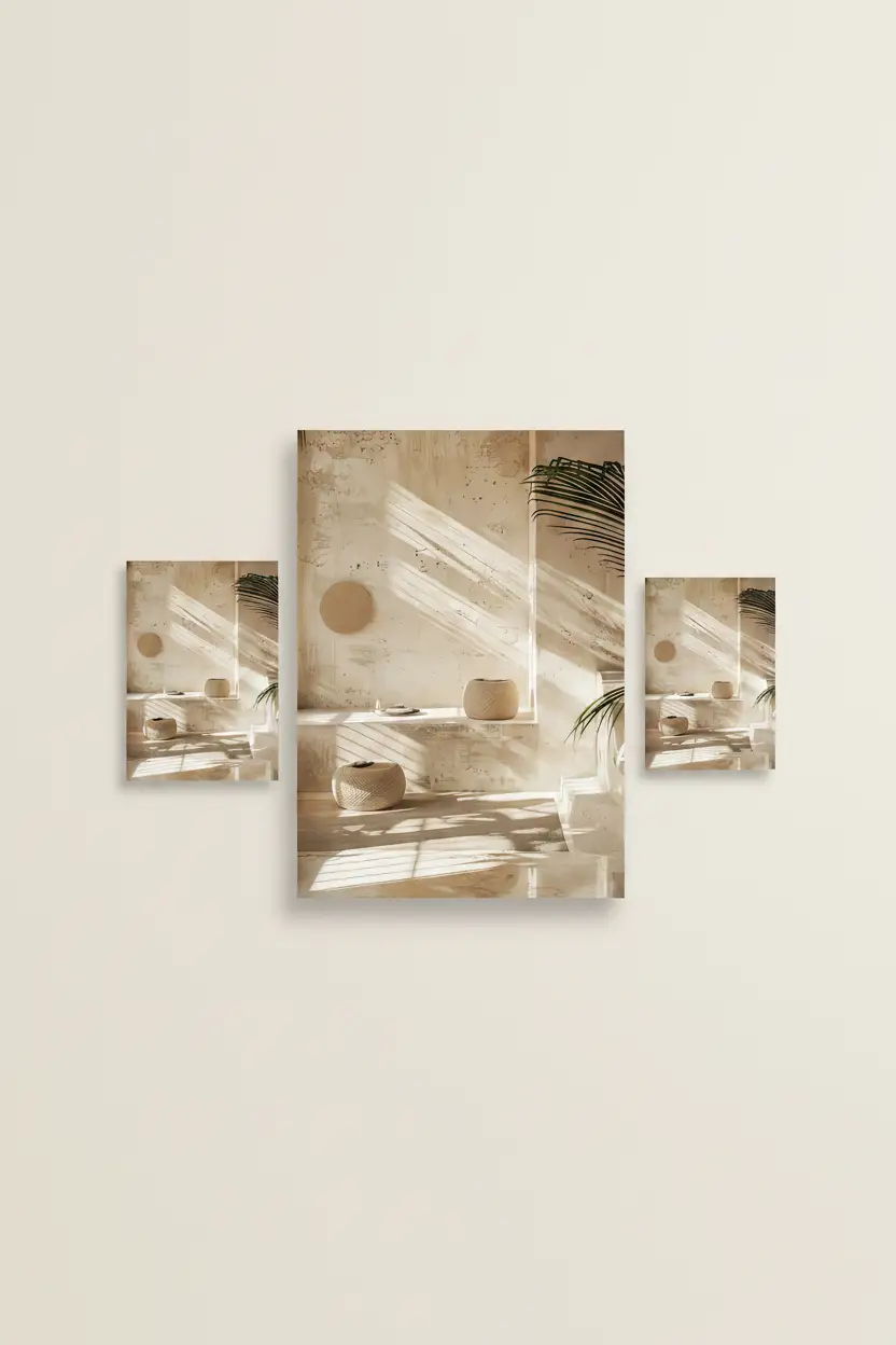 La Lumière des Poufs — Affiche murale minimaliste sable intérieur, affiche murale minimaliste avec cadre bois, décoration murale salon ou chambre, style méditerranéen