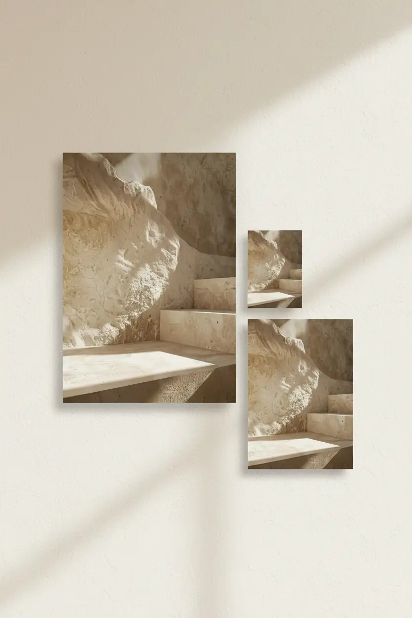 La Grotte de Pierre — Affiche murale minimaliste sable calcaire architecture, affiche murale minimaliste avec cadre bois, décoration murale salon ou chambre, style méditerranéen