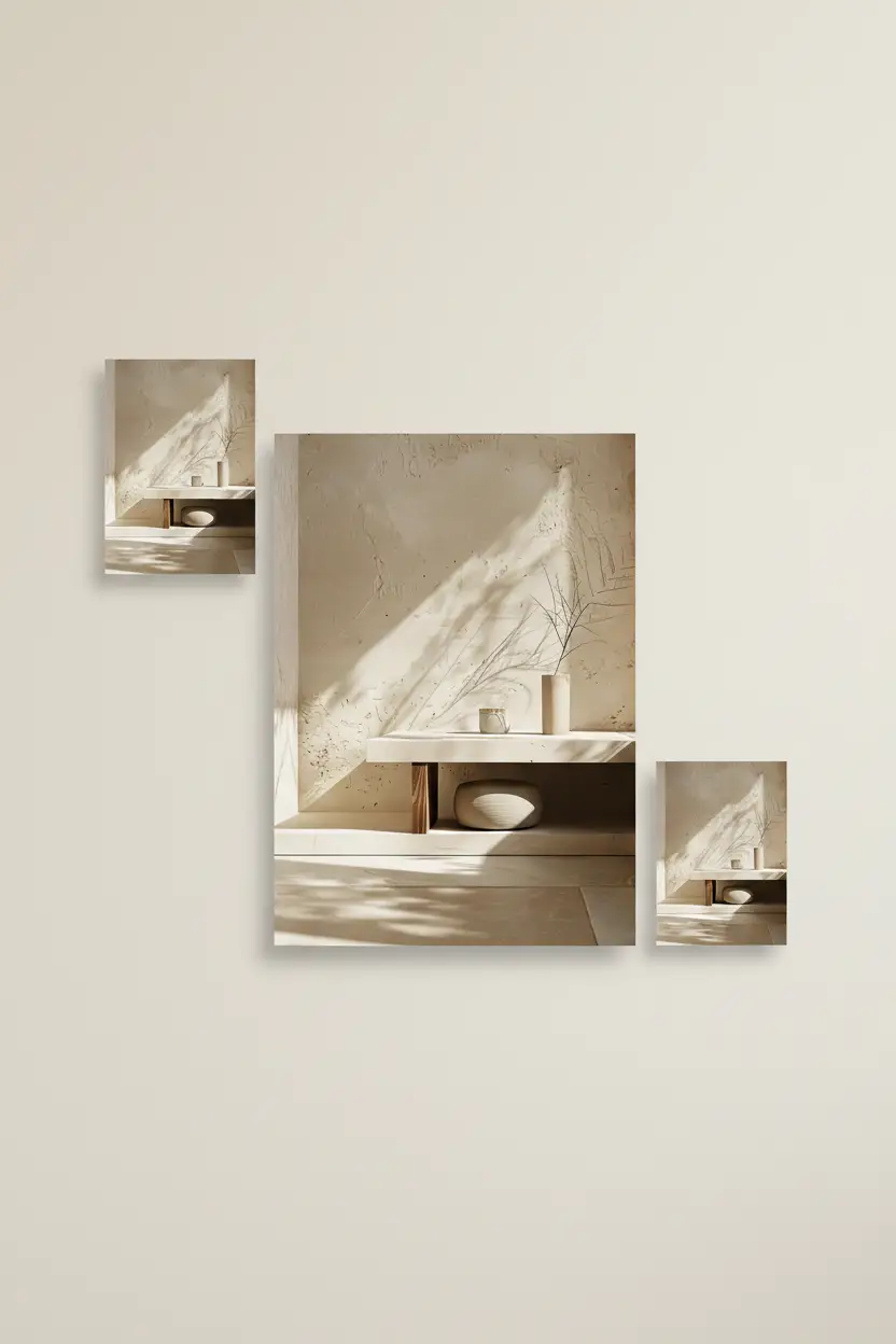 La Console et la Lumière — Affiche murale minimaliste sable intérieur, affiche murale minimaliste avec cadre bois, décoration murale salon ou chambre, style méditerranéen
