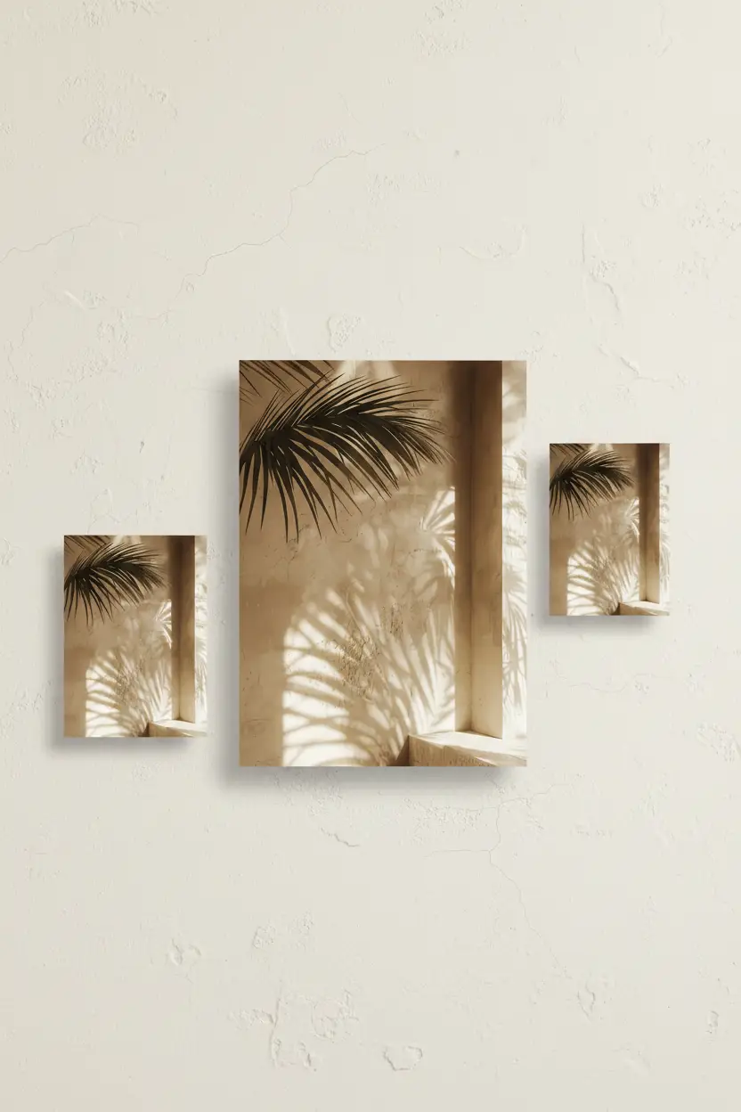 L'Ombre du Palmier — Affiche murale minimaliste sable végétal, affiche murale minimaliste avec cadre bois, décoration murale salon ou chambre, style méditerranéen