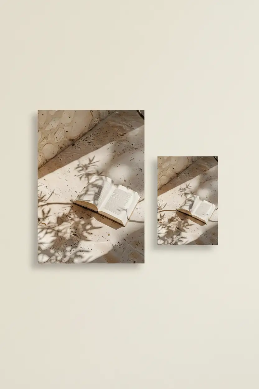 L'Ombre du Livre — Affiche murale minimaliste beige travertin, affiche murale minimaliste avec cadre bois, décoration murale salon ou chambre, style méditerranéen