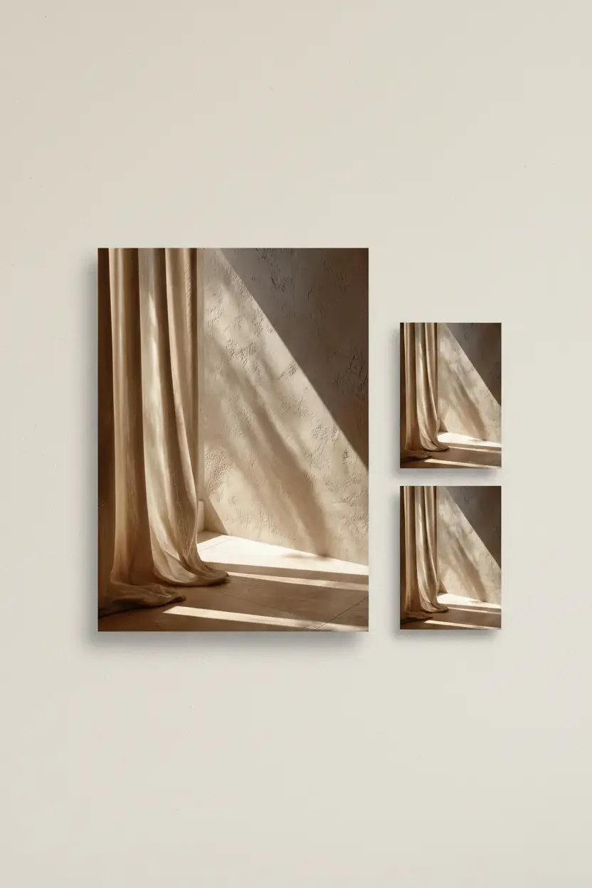 Le Rideau et la Lumière — Affiche murale minimaliste ivoire sable lumière, affiche murale minimaliste avec cadre bois, décoration murale salon ou chambre, style méditerranéen
