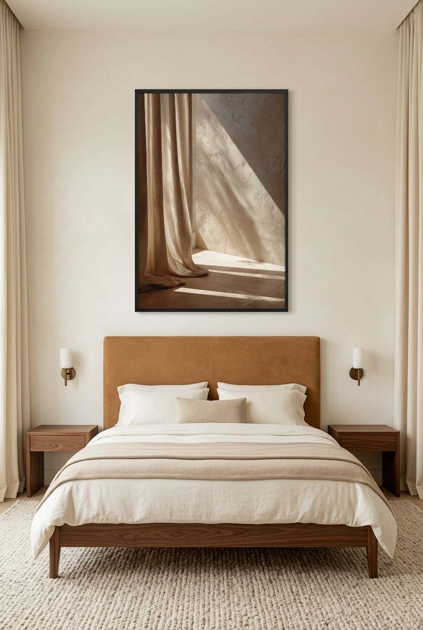 Le Rideau et la Lumière — poster in zwarte lijst in een slaapkamer