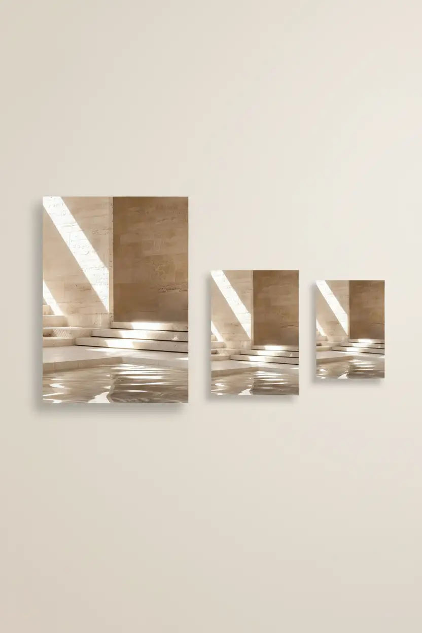 Le Bassin de Pierre — Affiche murale minimaliste sable architecture, affiche murale minimaliste avec cadre bois, décoration murale salon ou chambre, style méditerranéen