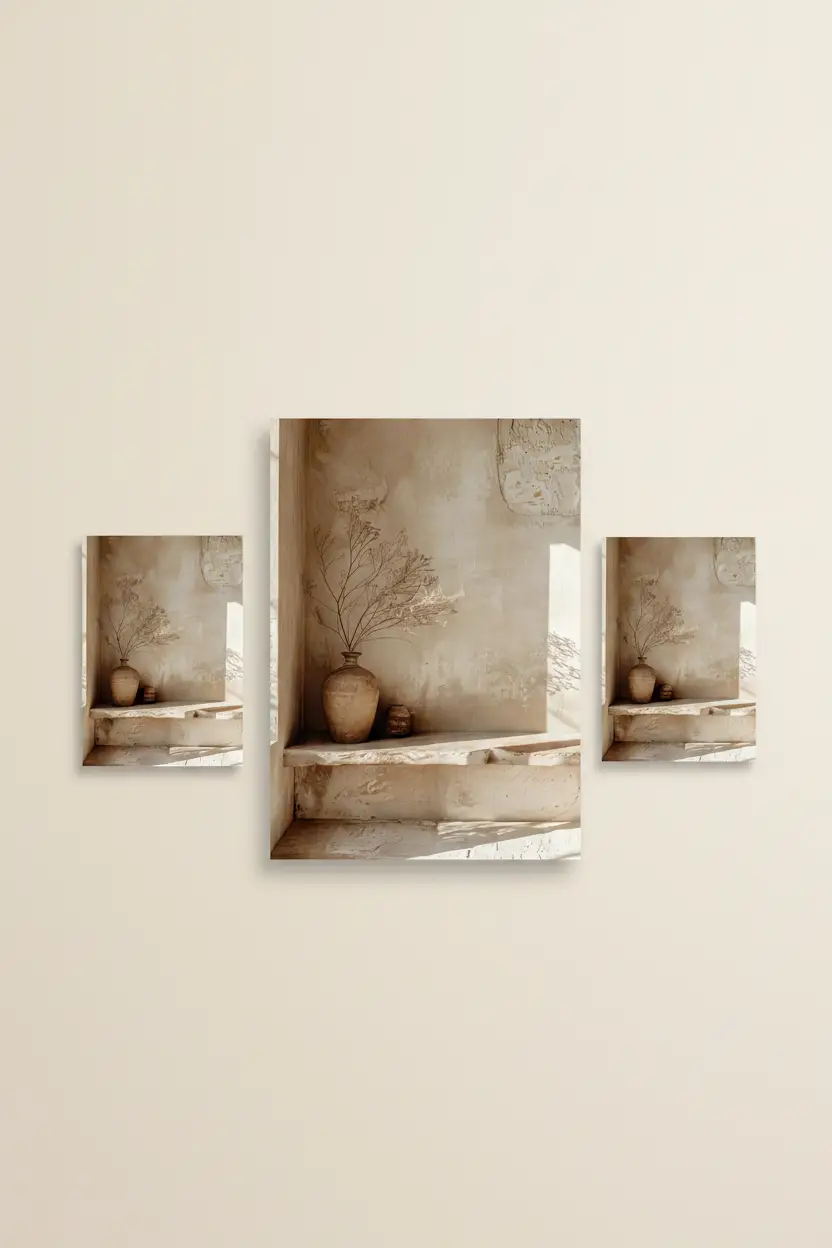 L'Angle aux Branches Séchées — Affiche murale minimaliste sable architecture, affiche murale minimaliste avec cadre bois, décoration murale salon ou chambre, style méditerranéen
