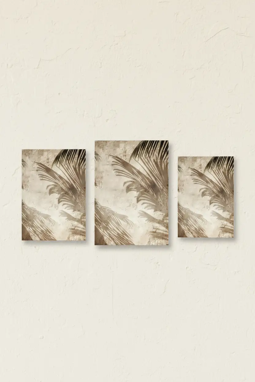 Les Ombres du Patio — Affiche murale minimaliste sable végétal, affiche murale minimaliste avec cadre bois, décoration murale salon ou chambre, style méditerranéen