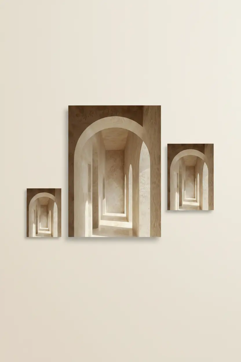 Le Couloir des Arches — Affiche murale minimaliste sable architecture, affiche murale minimaliste avec cadre bois, décoration murale salon ou chambre, style méditerranéen