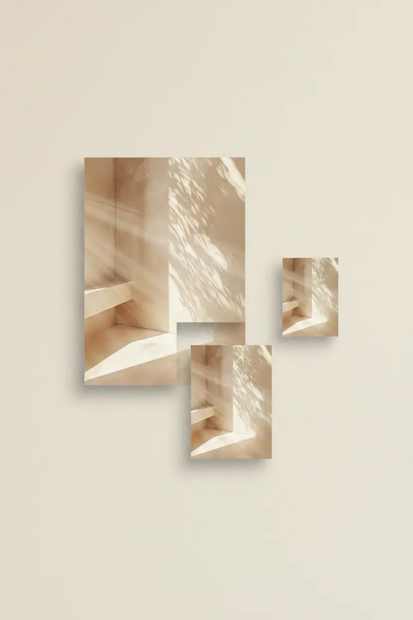 L'Escalier et l'Ombre — Affiche murale minimaliste beige architecture, affiche murale minimaliste avec cadre bois, décoration murale salon ou chambre, style méditerranéen