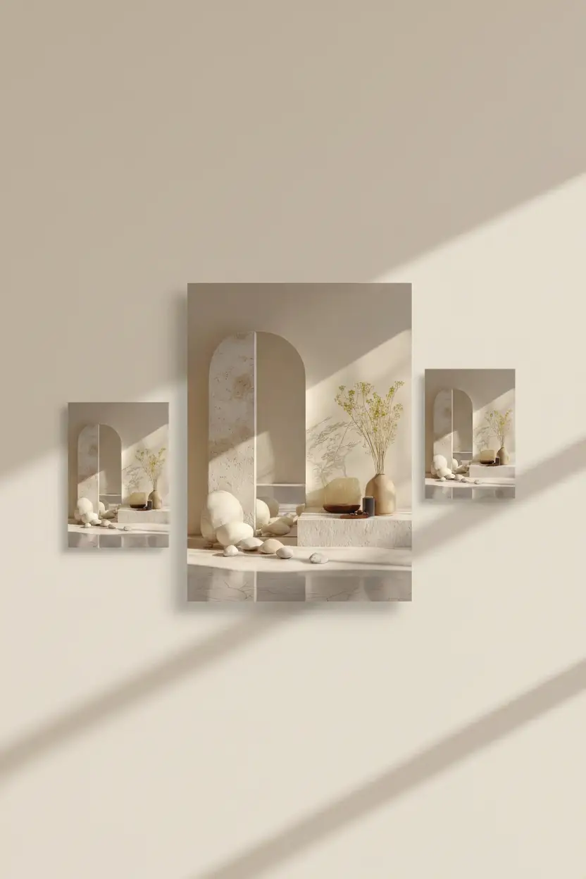 L'Arche et les Galets — Affiche murale minimaliste ivoire architecture, affiche murale minimaliste avec cadre bois, décoration murale salon ou chambre, style méditerranéen