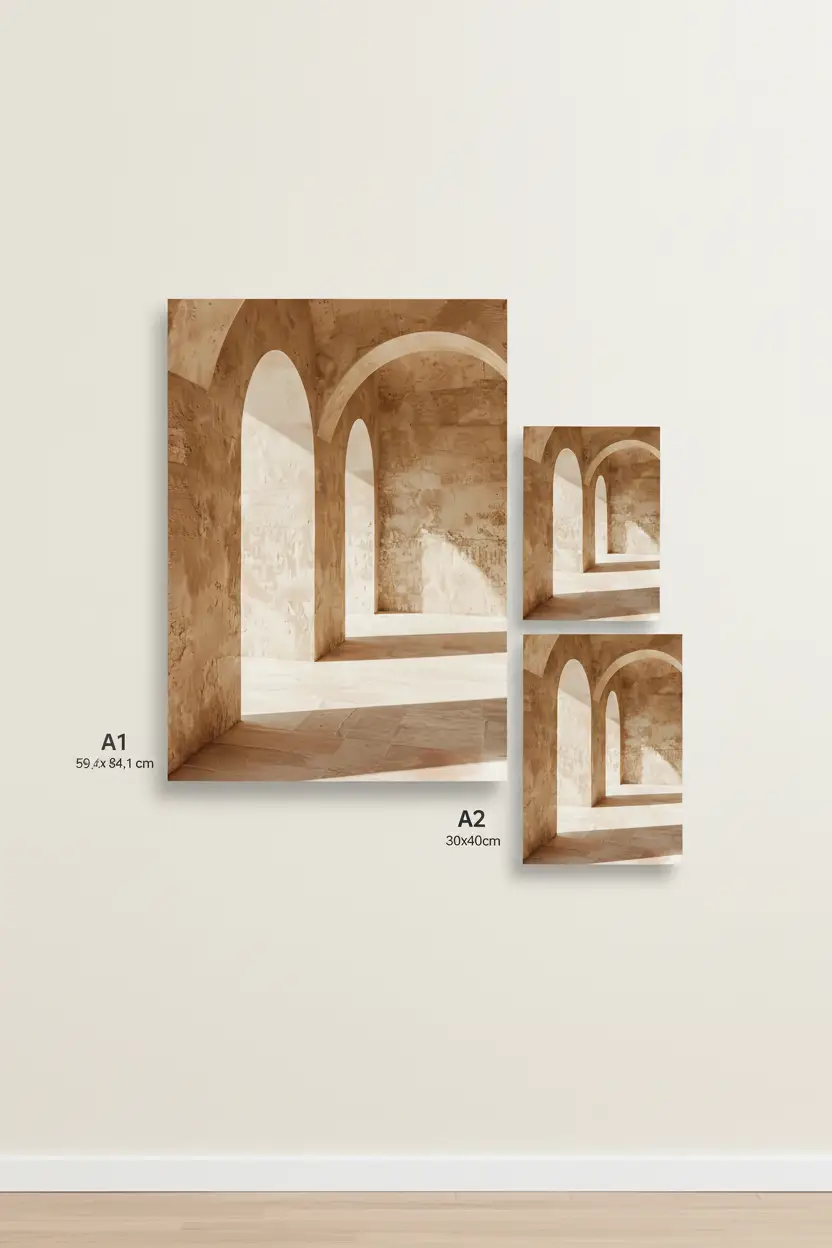 La Salle des Arches — Affiche murale minimaliste ocre architecture, affiche murale minimaliste avec cadre bois, décoration murale salon ou chambre, style méditerranéen