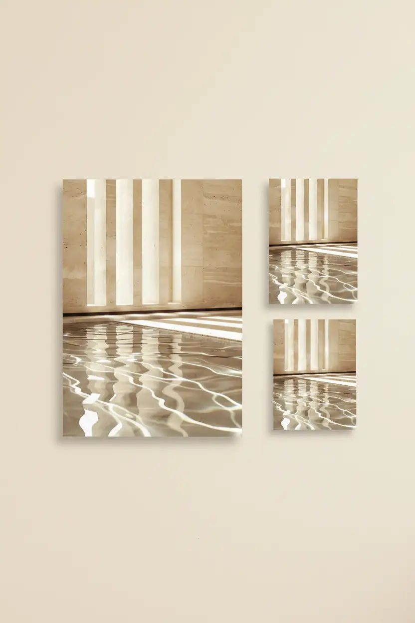 Le Temple et l'Eau — Affiche murale minimaliste sable architecture, affiche murale minimaliste avec cadre bois, décoration murale salon ou chambre, style méditerranéen