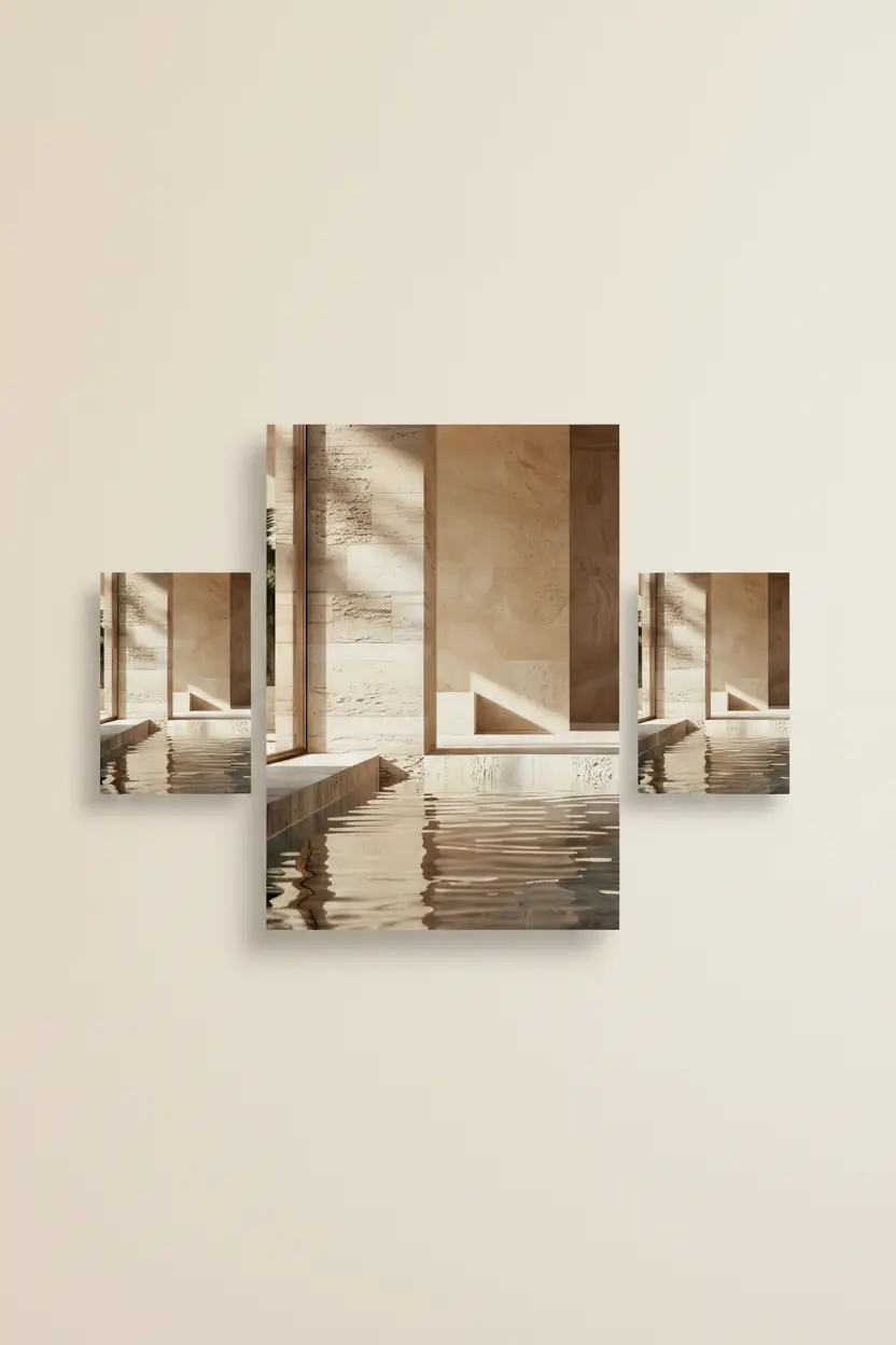 Le Bain de Travertin — Affiche murale minimaliste sable architecture, affiche murale minimaliste avec cadre bois, décoration murale salon ou chambre, style méditerranéen