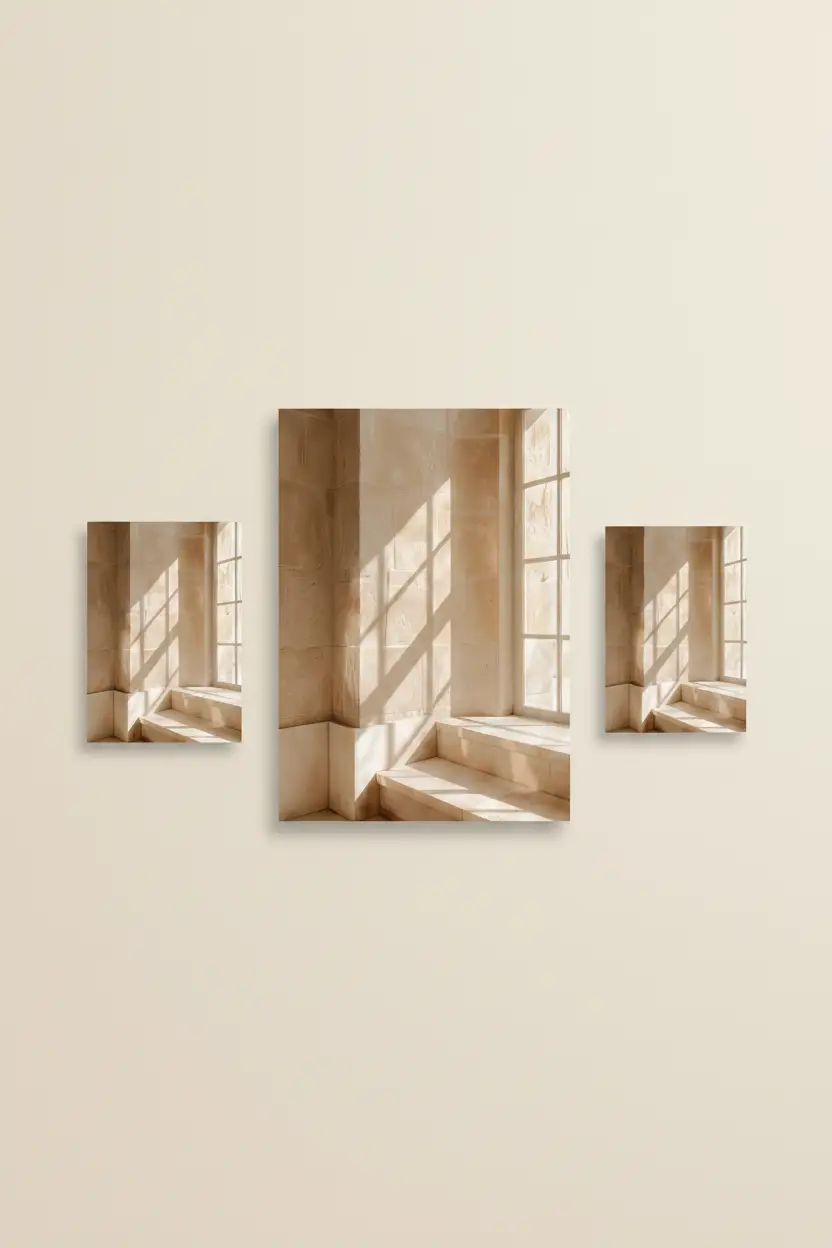 La Fenêtre de Pierre — Affiche murale minimaliste sable architecture, affiche murale minimaliste avec cadre bois, décoration murale salon ou chambre, style méditerranéen