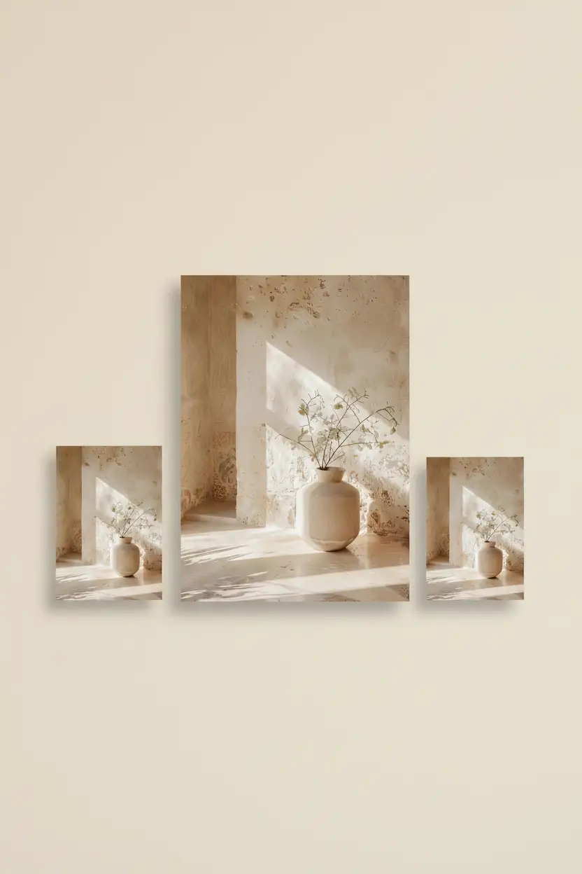 Le Vase dans la Niche — Affiche murale minimaliste ivoire végétal, affiche murale minimaliste avec cadre bois, décoration murale salon ou chambre, style méditerranéen