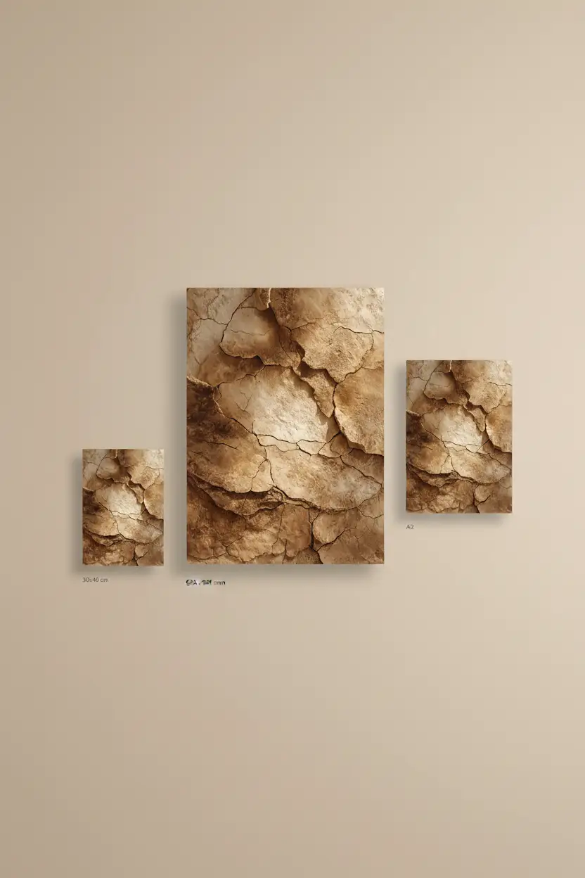 La Terre Fendue — Affiche murale minimaliste minérale sable, affiche murale minimaliste avec cadre bois, décoration murale salon ou chambre, style méditerranéen
