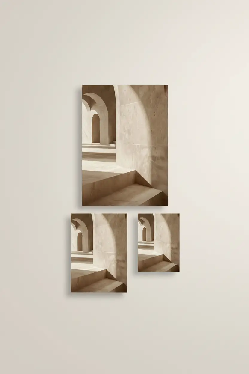 La Galerie des Arches — Affiche murale minimaliste beige architecture, affiche murale minimaliste avec cadre bois, décoration murale salon ou chambre, style méditerranéen