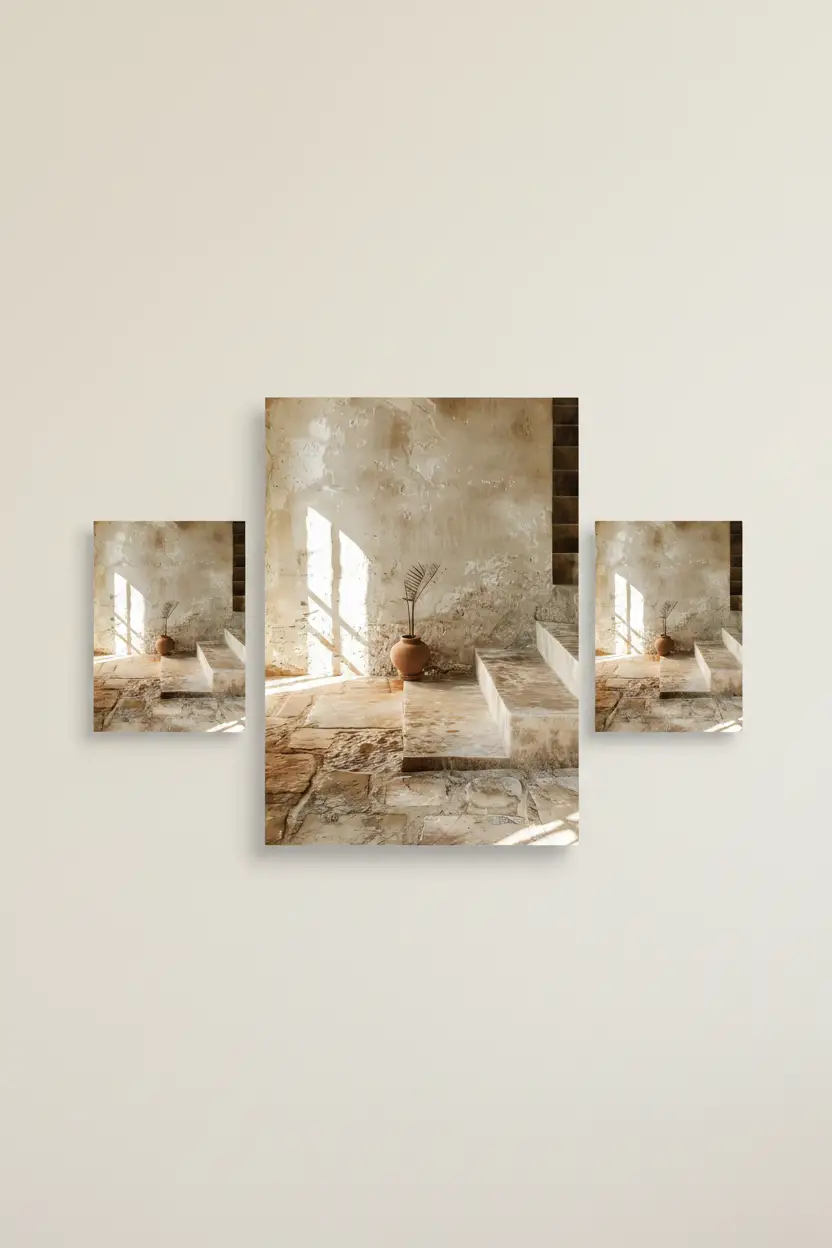 Le Vase sur la Marche — Affiche murale minimaliste sable architecture, affiche murale minimaliste avec cadre bois, décoration murale salon ou chambre, style méditerranéen