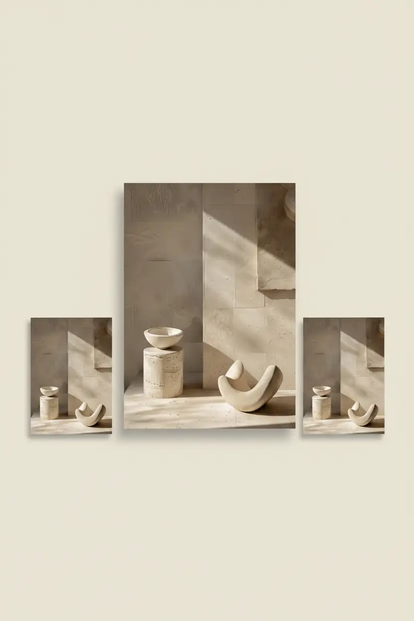 L'Offrande de Pierre — Affiche murale minimaliste sable minéral, affiche murale minimaliste avec cadre bois, décoration murale salon ou chambre, style méditerranéen