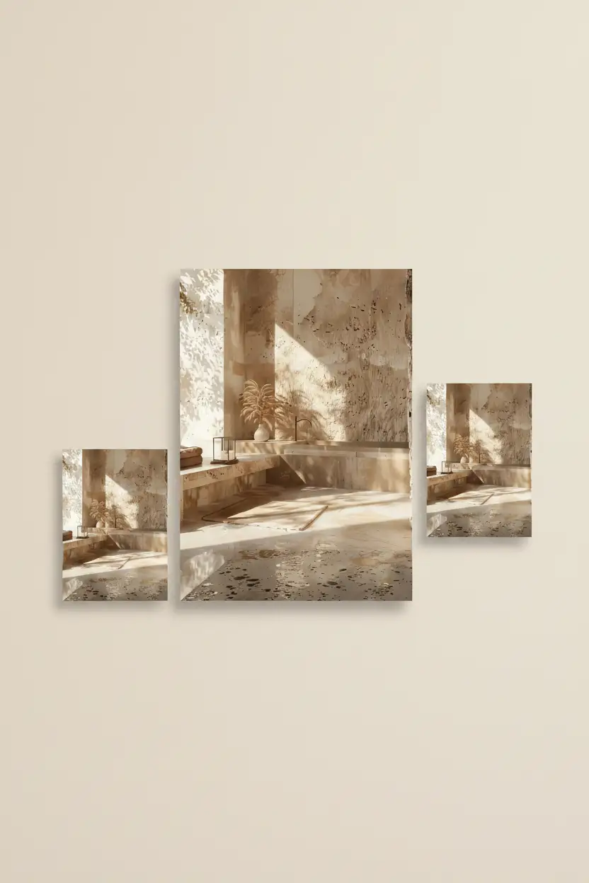 Le Bain de Pierre — Affiche murale minimaliste baignoire travertin pierre ombres feuilles lumière architecture, affiche murale minimaliste avec cadre bois, décoration murale salon ou chambre, style méditerranéen