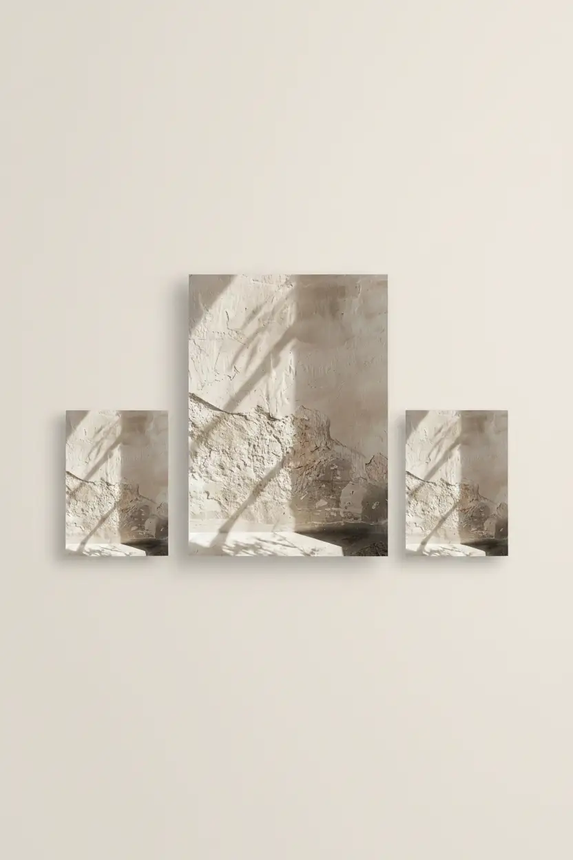 La Lumière sur l'Enduit — Affiche murale minimaliste sable minéral, affiche murale minimaliste avec cadre bois, décoration murale salon ou chambre, style méditerranéen