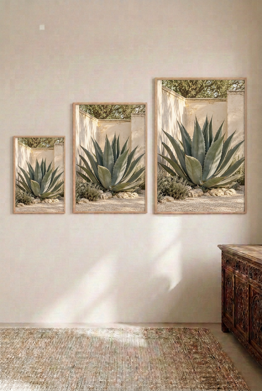 The Great Agave — three sizes side by side, oak frames