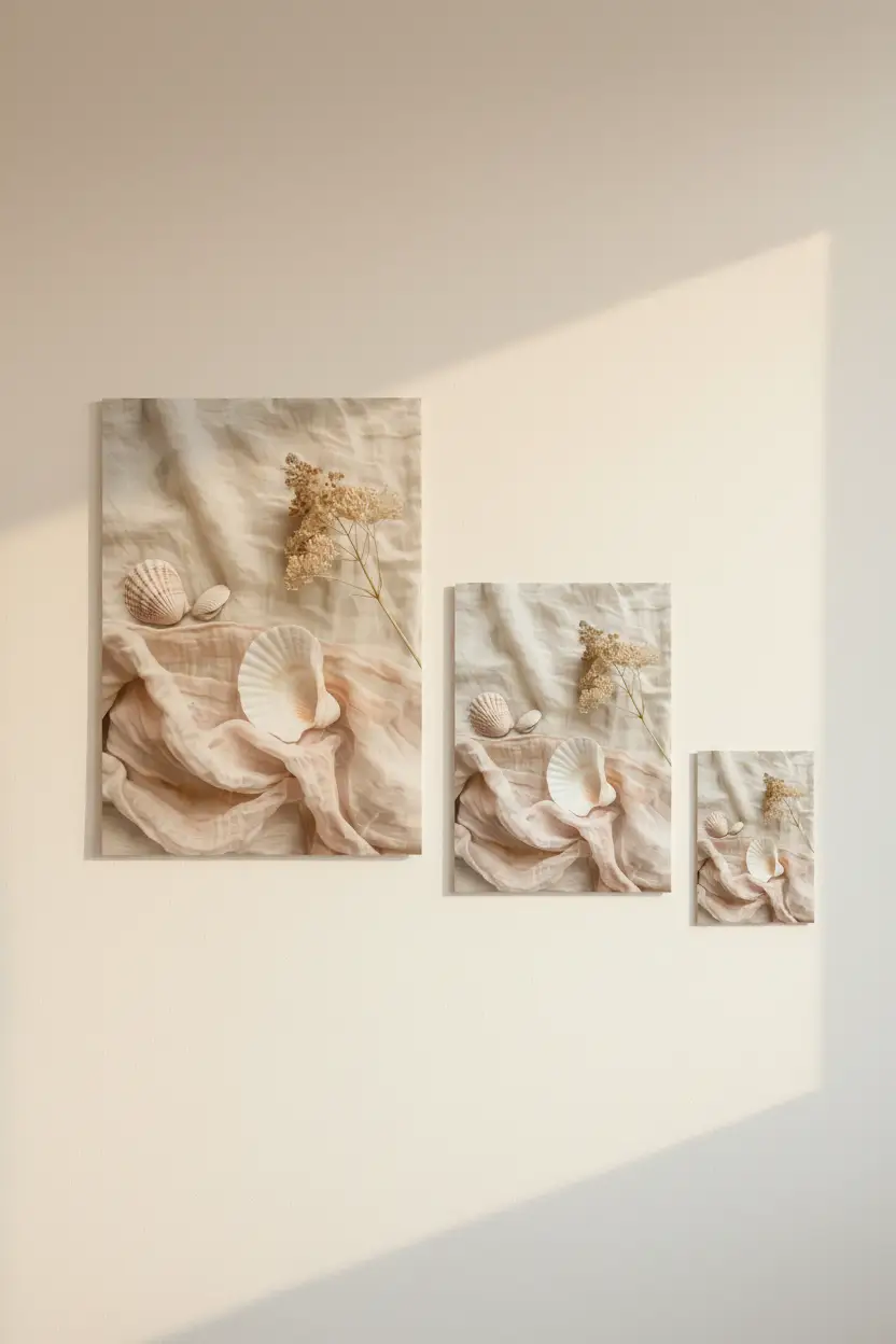 L’Écume — Affiche murale minimaliste coquillages ivoire voile pêche lin blanc fleur séchée nature mer — affiche murale minimaliste | Cassili-home