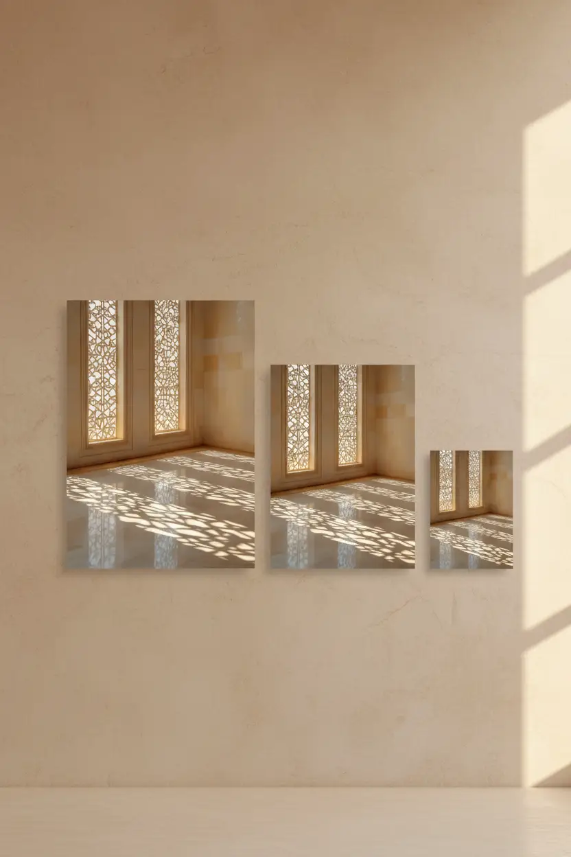 La Dentelle de Lumière — Affiche murale minimaliste beige ivoire moucharabieh ombres dorées architecture — affiche murale minimaliste | Cassili-home