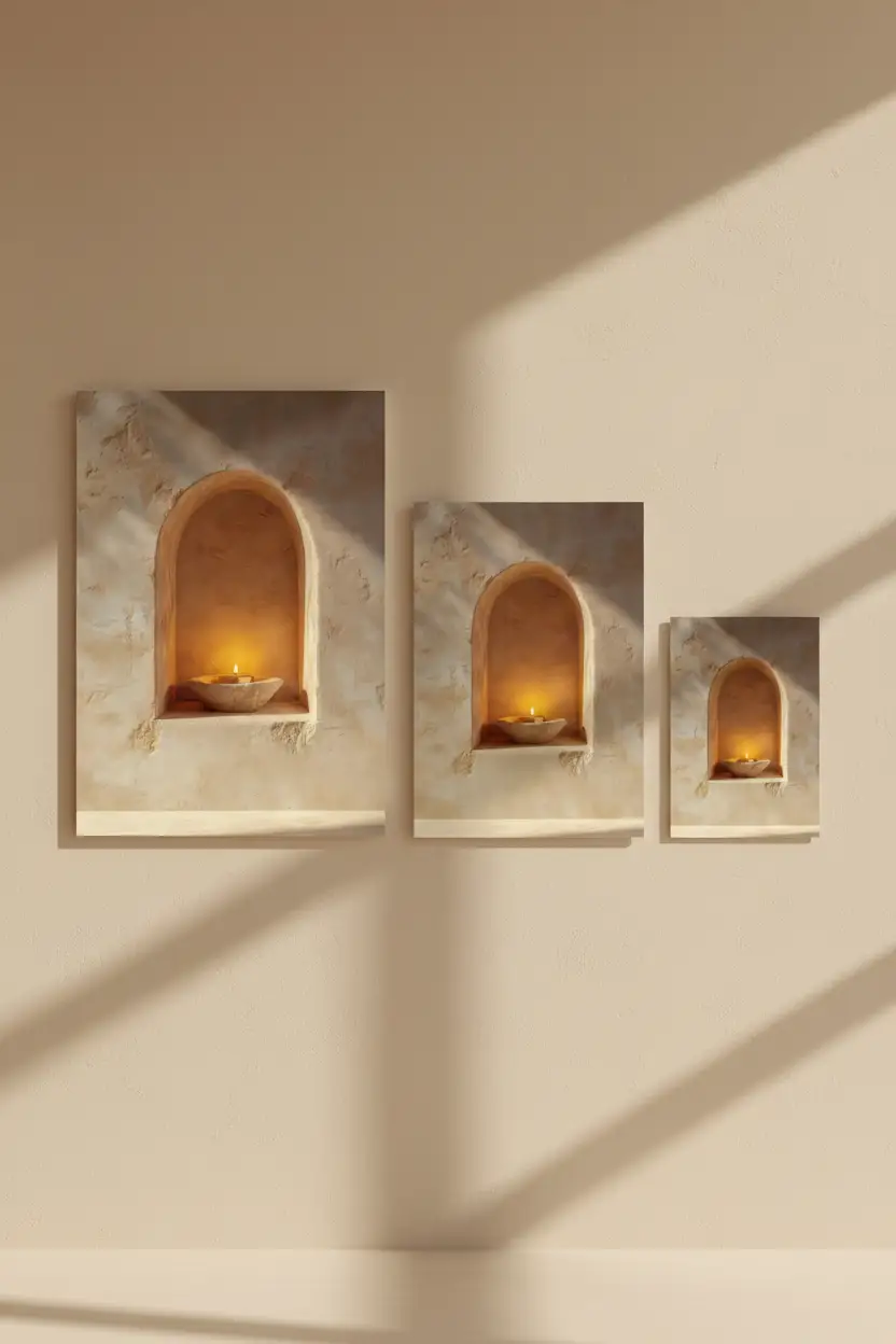 La Fiamma della Soglia — Poster murale minimalista sabbia nicchia arco