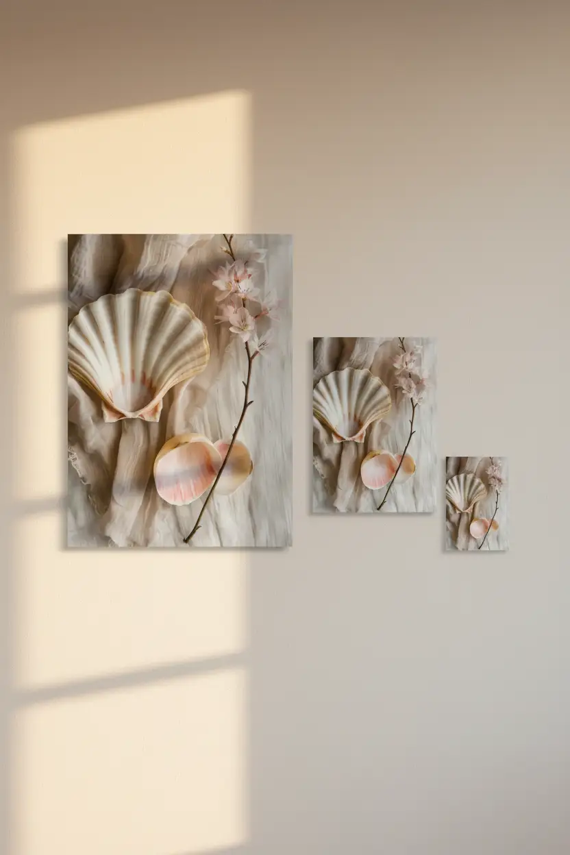 La Perle du Matin — Affiche murale minimaliste coquille Saint-Jacques ivoire fleurs cerisier rose pêche lin blanc — affiche murale minimaliste | Cassili-home