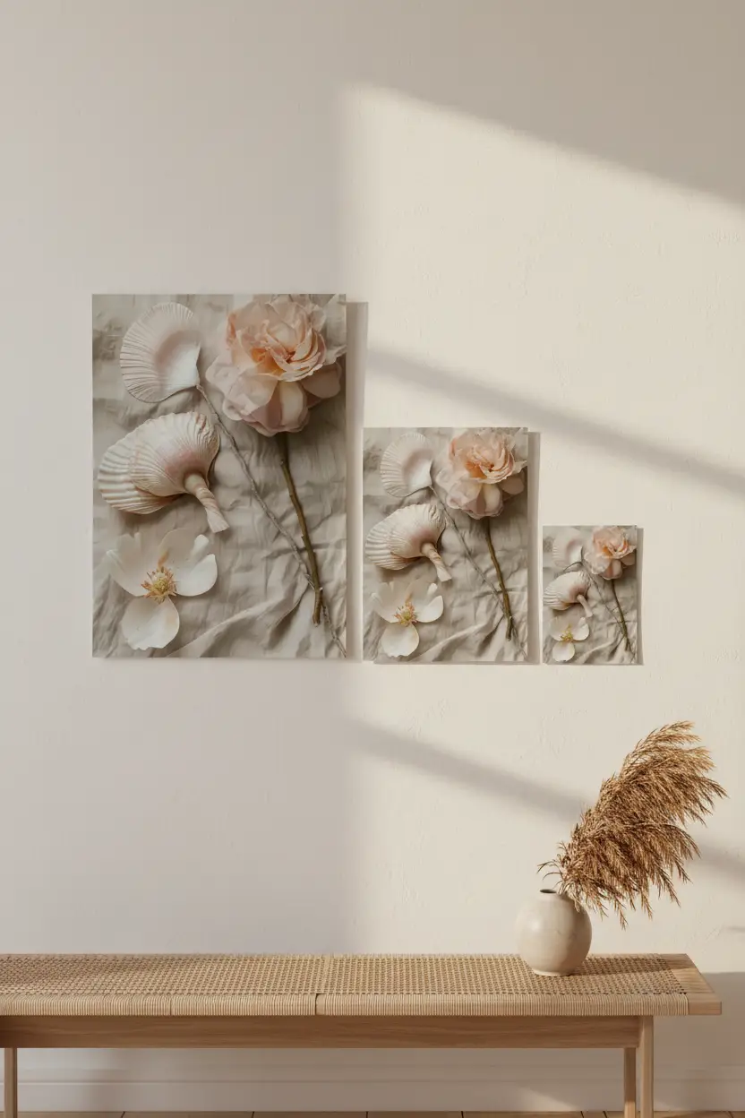 La Récolte — Affiche murale minimaliste coquillages rose pêche fleur blanche lin beige nature mer — affiche murale minimaliste | Cassili-home
