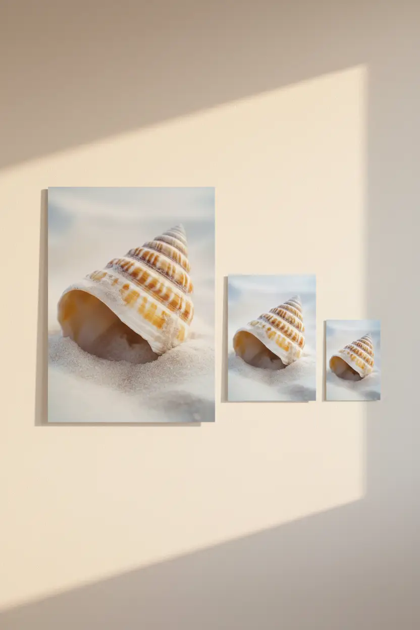 La Spirale du Large — Affiche murale minimaliste coquille conique ivoire ambre sable blanc vague nature mer — affiche murale minimaliste | Cassili-home