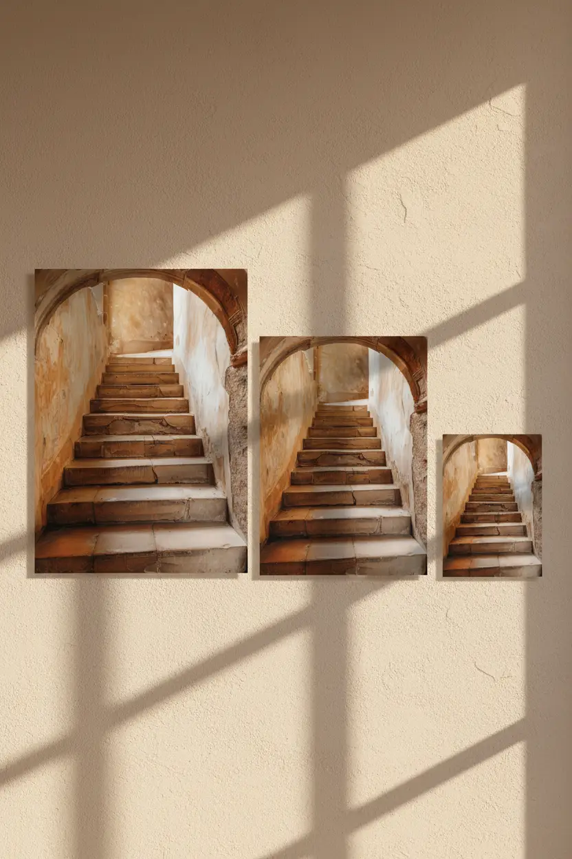 L’Arche Ancienne — Affiche murale minimaliste beige terracotta escalier arche pierre médiéval — affiche murale minimaliste | Cassili-home