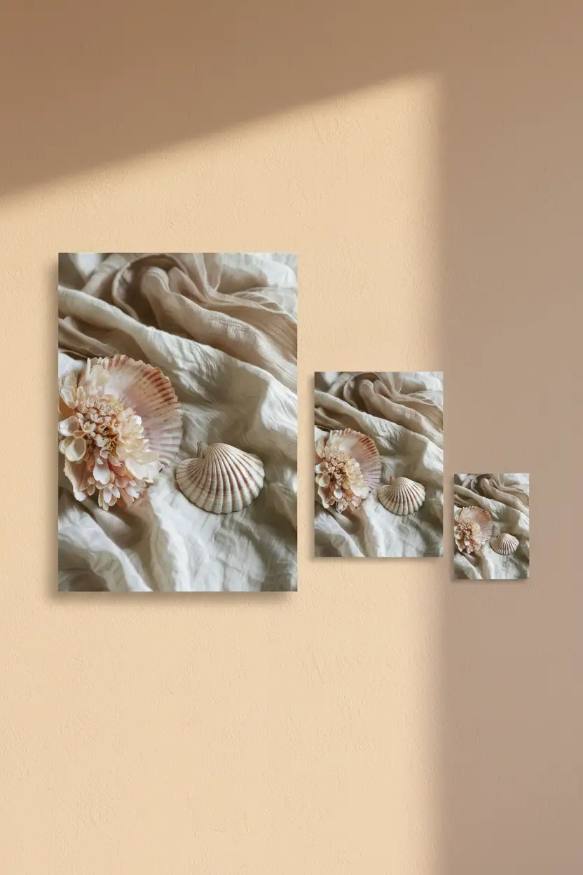 Le Nid de Nacre — Affiche murale minimaliste coquille rose pêche dahlia ivoire lin beige sable nature mer — affiche murale minimaliste | Cassili-home