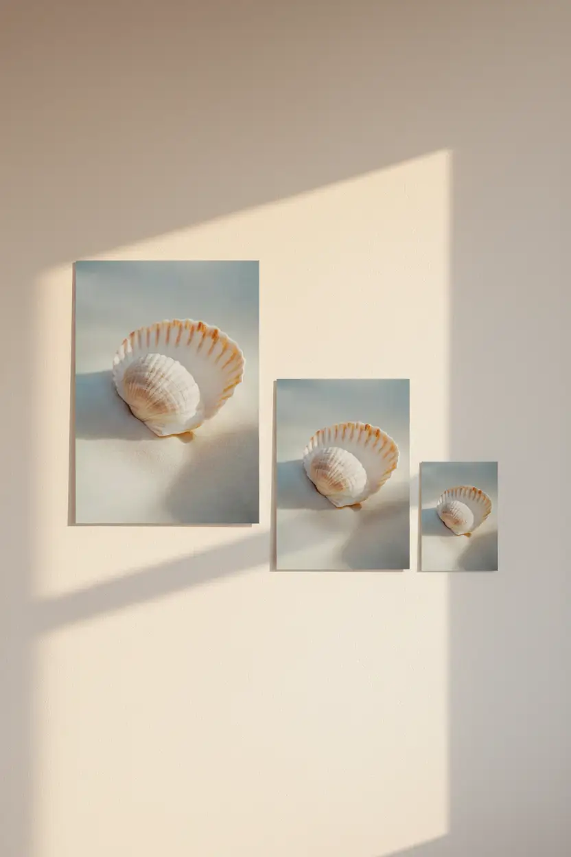 Le Secret de Nacre — Affiche murale minimaliste coquille Saint-Jacques ivoire pêche petite coquille sable blanc nature mer — affiche murale minimaliste | Cassili-home