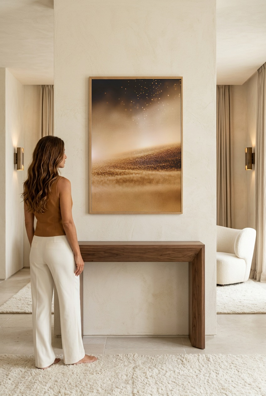 L’Envol du Sable — woman in front of the poster in an oak frame
