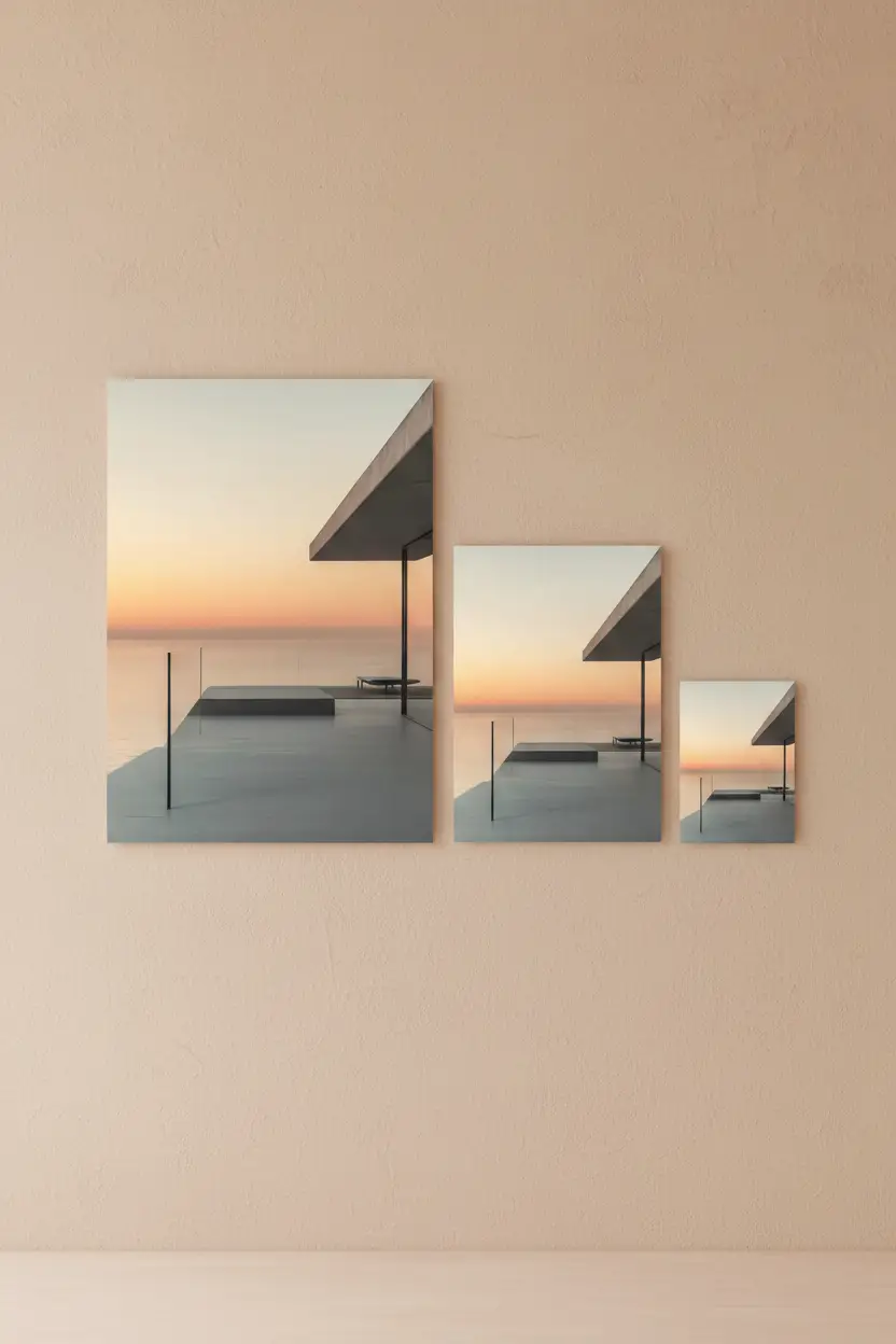 L’Heure Dorée — Affiche murale minimaliste pêche rosé béton mer coucher de soleil architecture — affiche murale minimaliste | Cassili-home