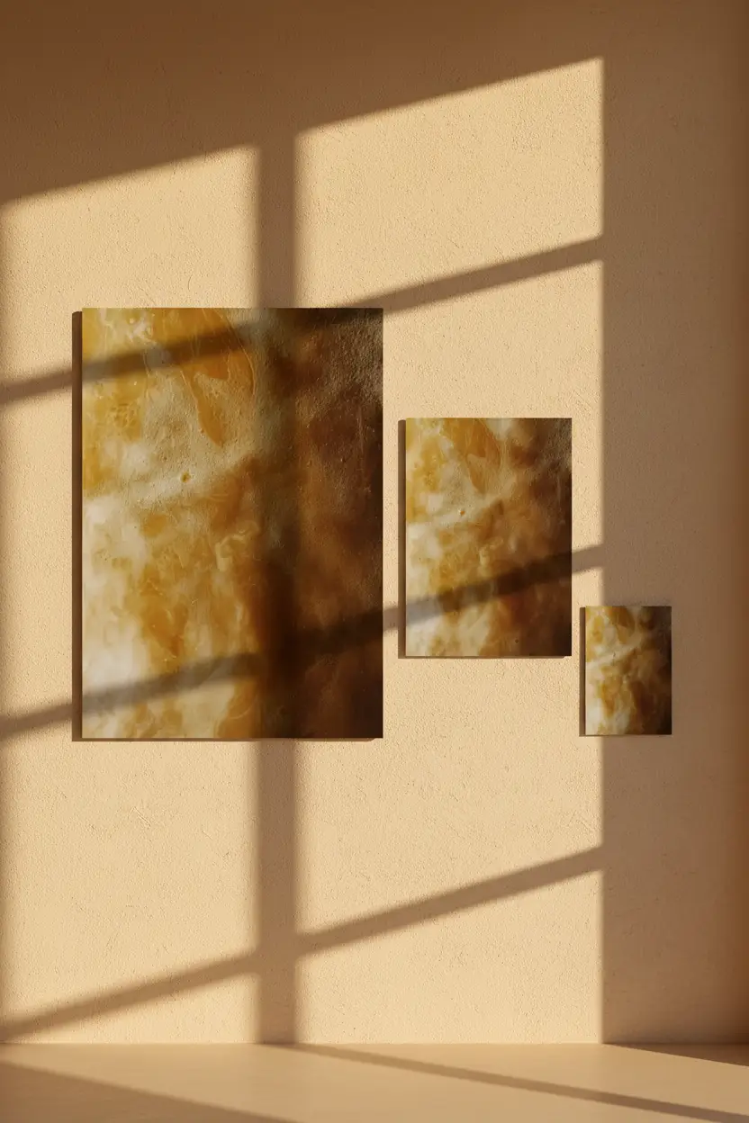 De Gouden Onyx — Minimalistische amber en ivoor mineraal wandposter