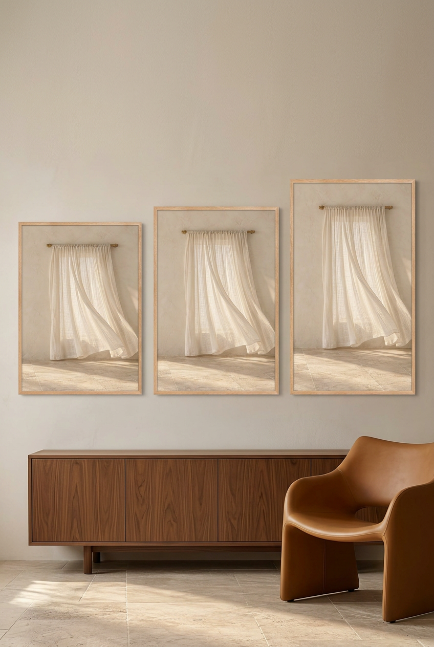 The Curtain in the Breeze — poster in an oak frame in three sizes side by side