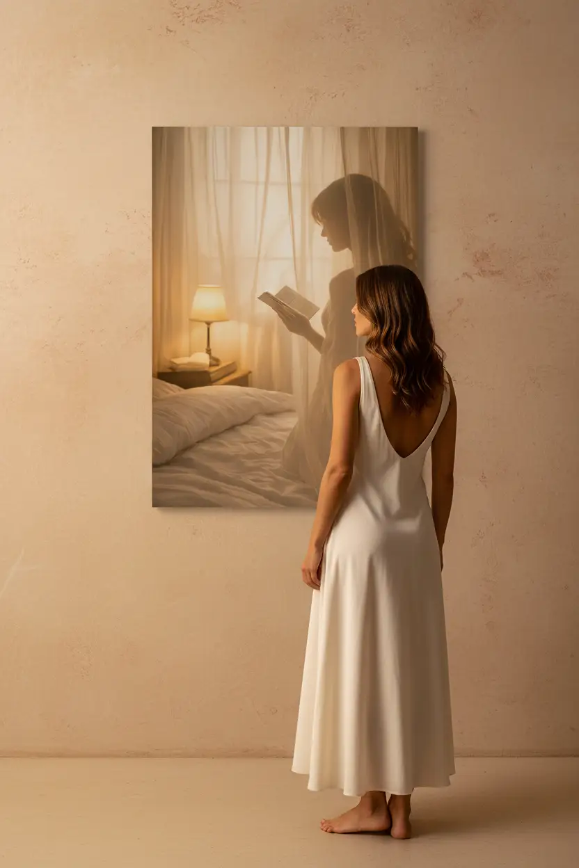 La Lectrice — Affiche murale minimaliste silhouette féminine lecture lumière dorée, affiche murale minimaliste avec cadre bois, décoration murale salon ou chambre, style méditerranéen