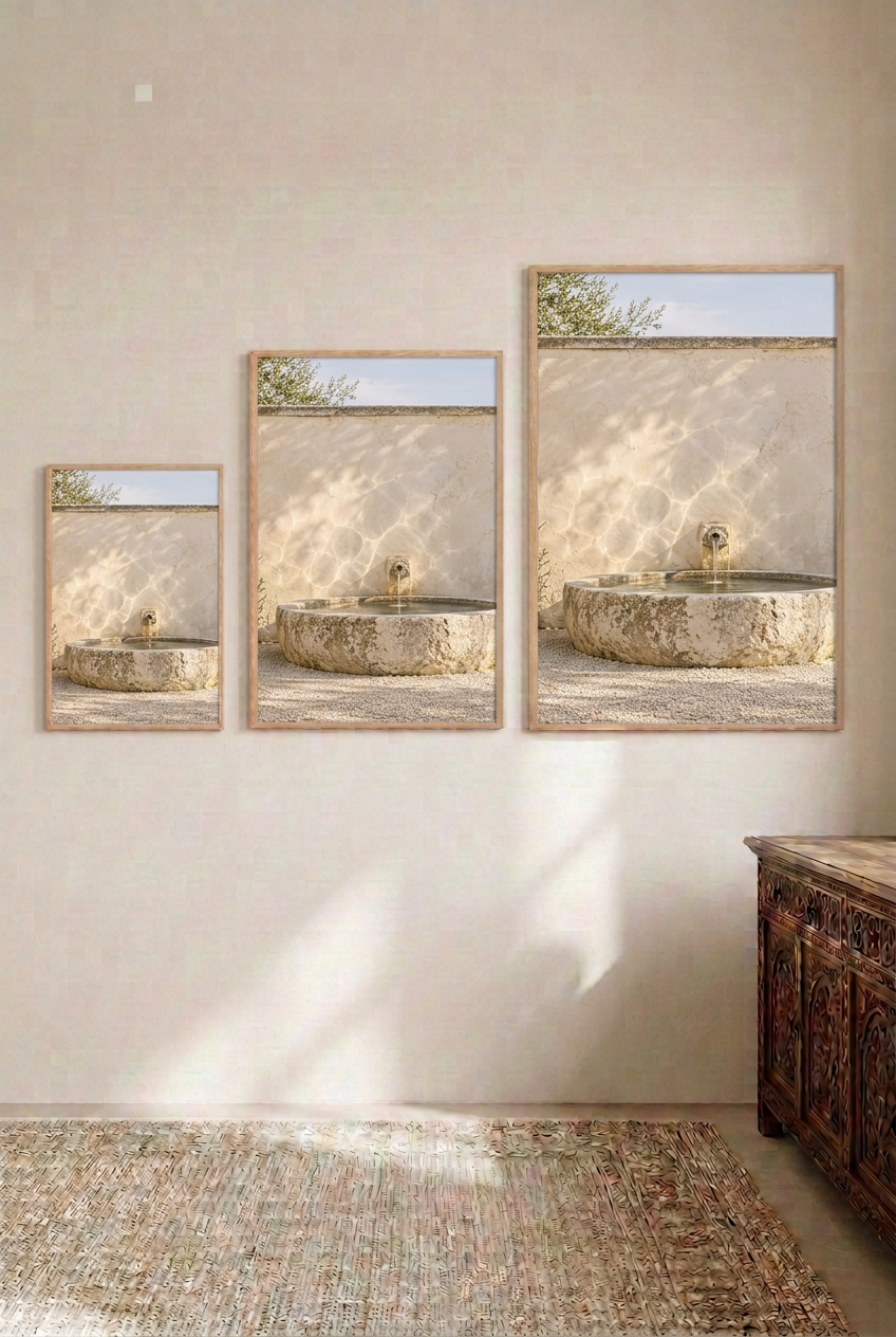 The Stone Spring — three sizes side by side, oak frames